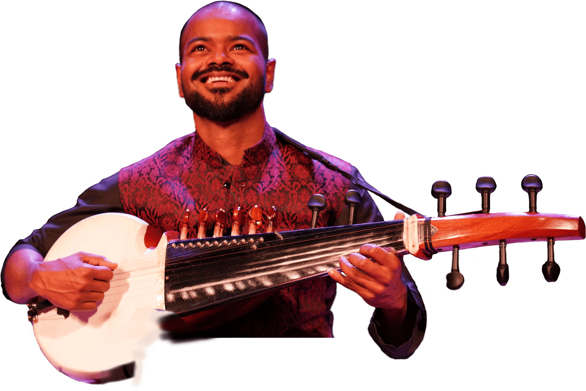 Smiling Musician Playing Sarod PNG image