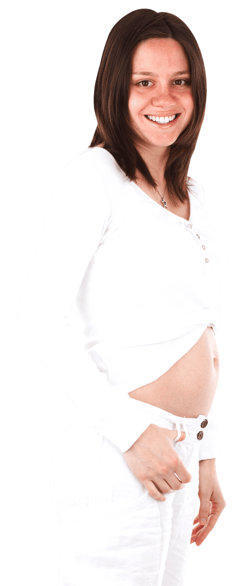 Smiling Pregnant Womanin White Outfit PNG image