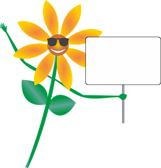 Smiling Sunflower Cartoon Holding Sign PNG image