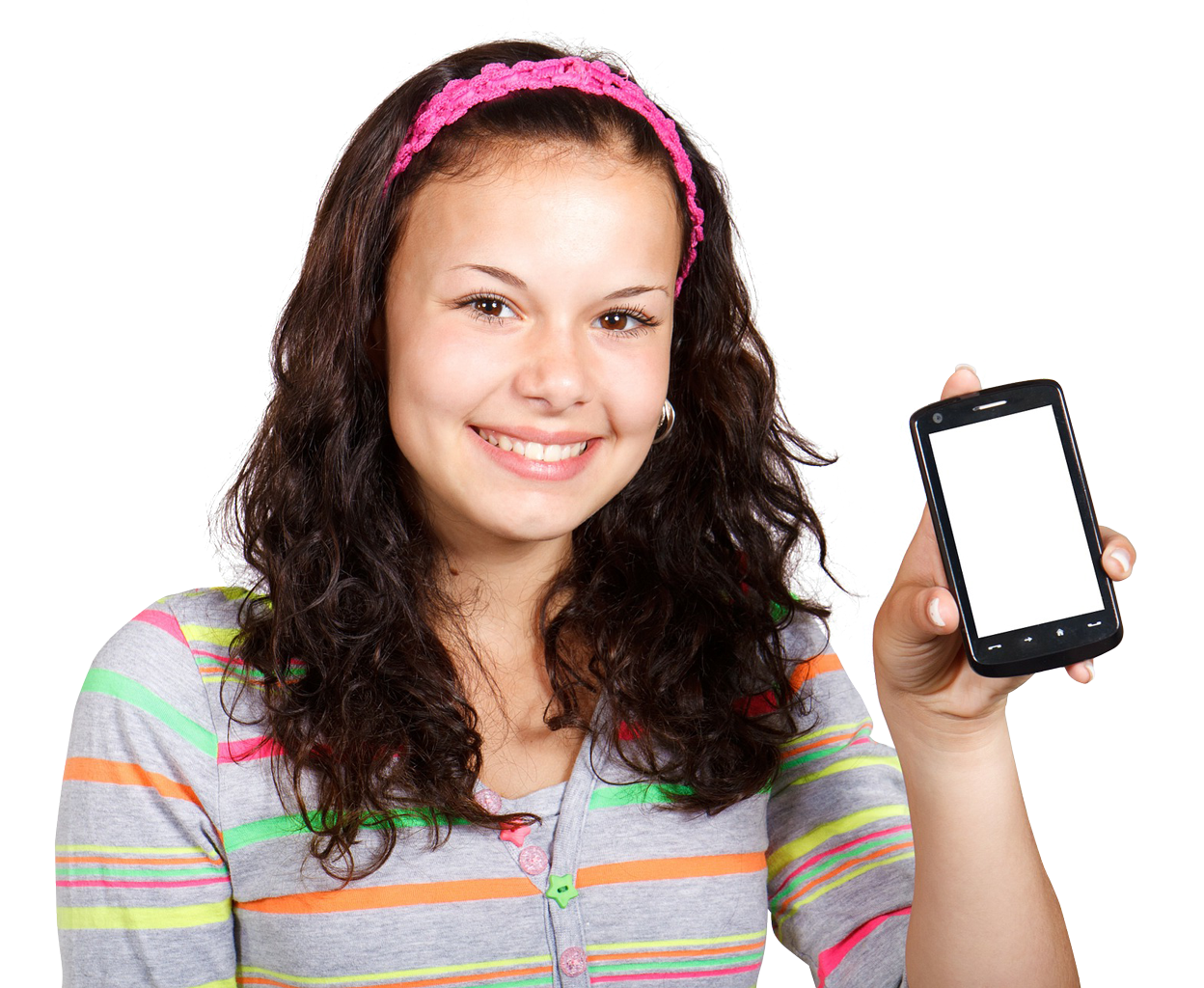 Smiling Teen Girl Holding Smartphone PNG image