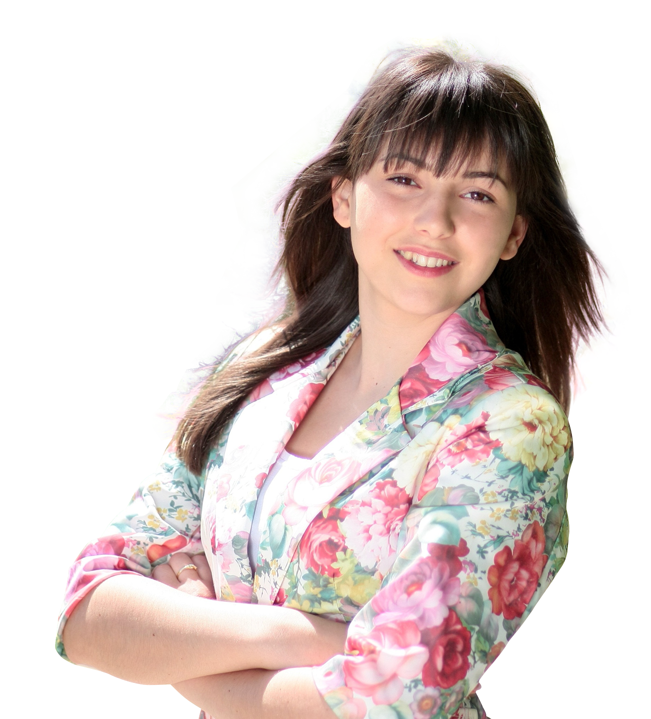 Smiling Woman Floral Blazer PNG image