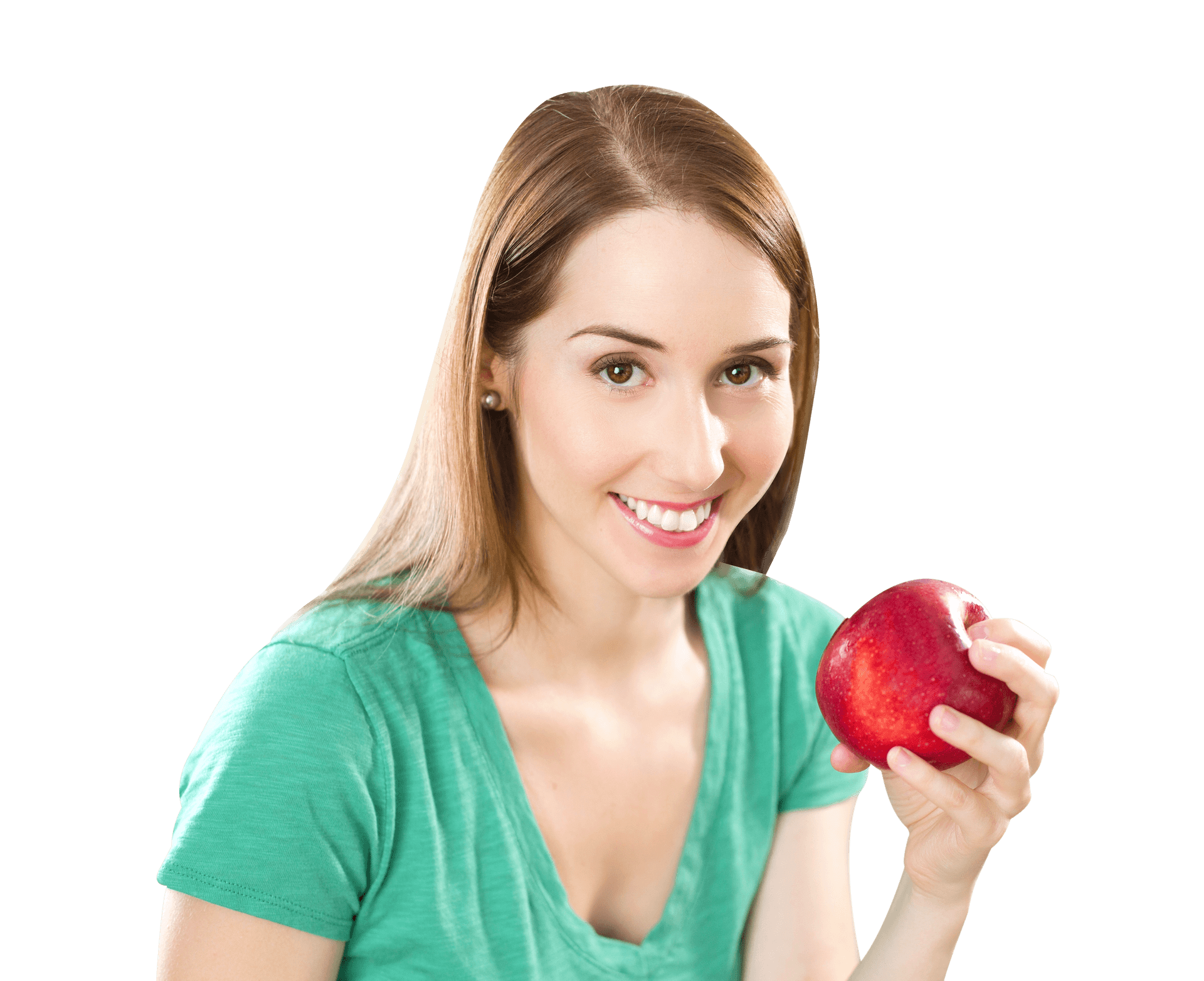 Smiling Woman Holding Apple PNG image