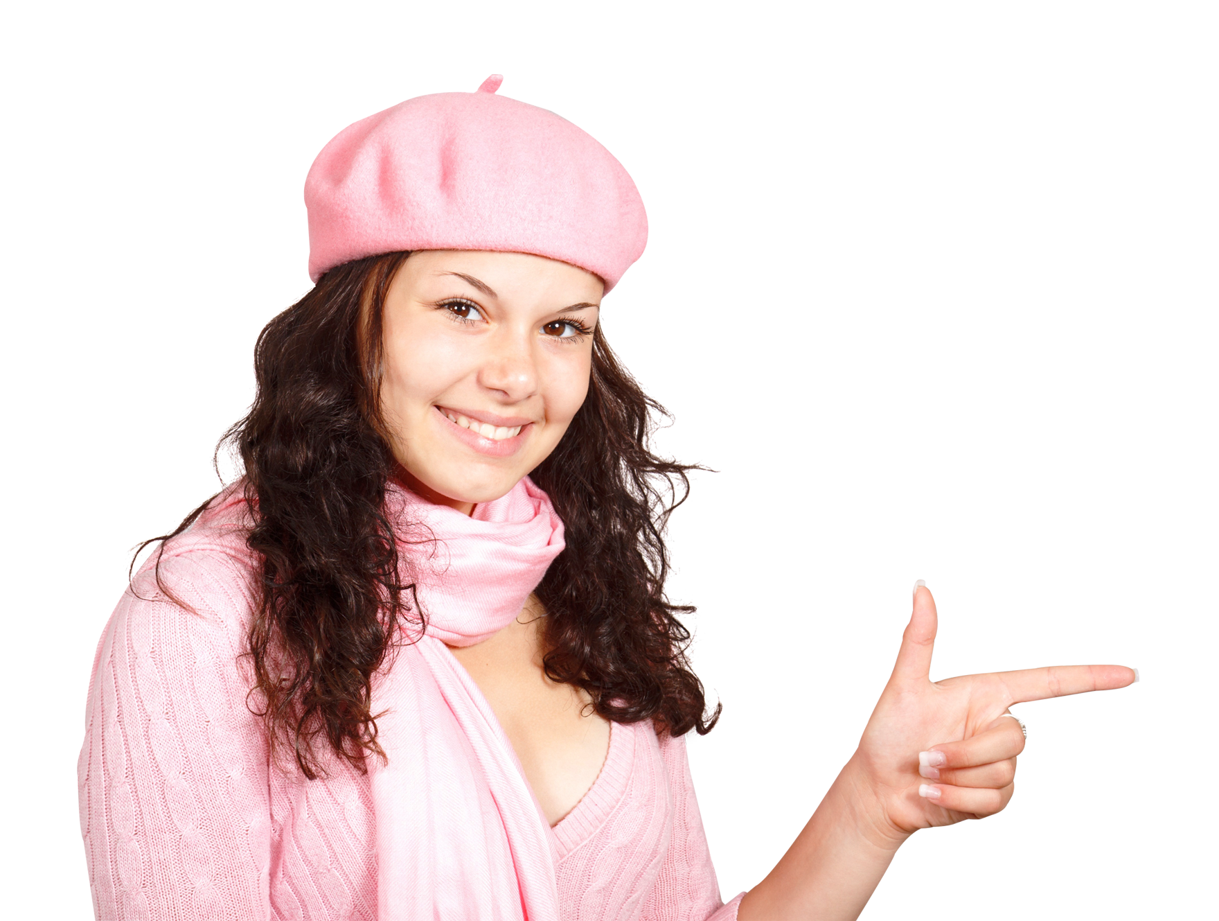 Smiling Woman Pink Beret Pointing PNG image