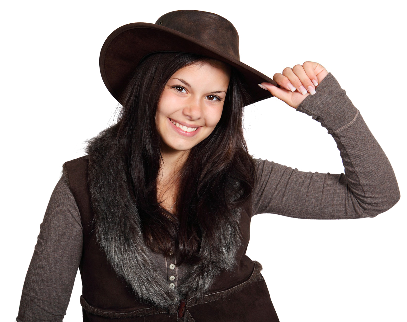 Smiling Woman Tipping Hat PNG image