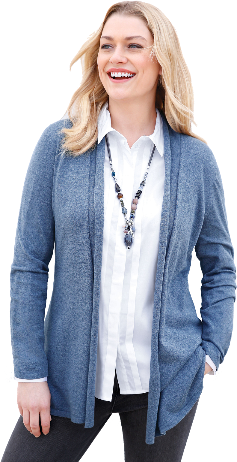 Smiling Womanin Blue Cardiganand White Shirt PNG image