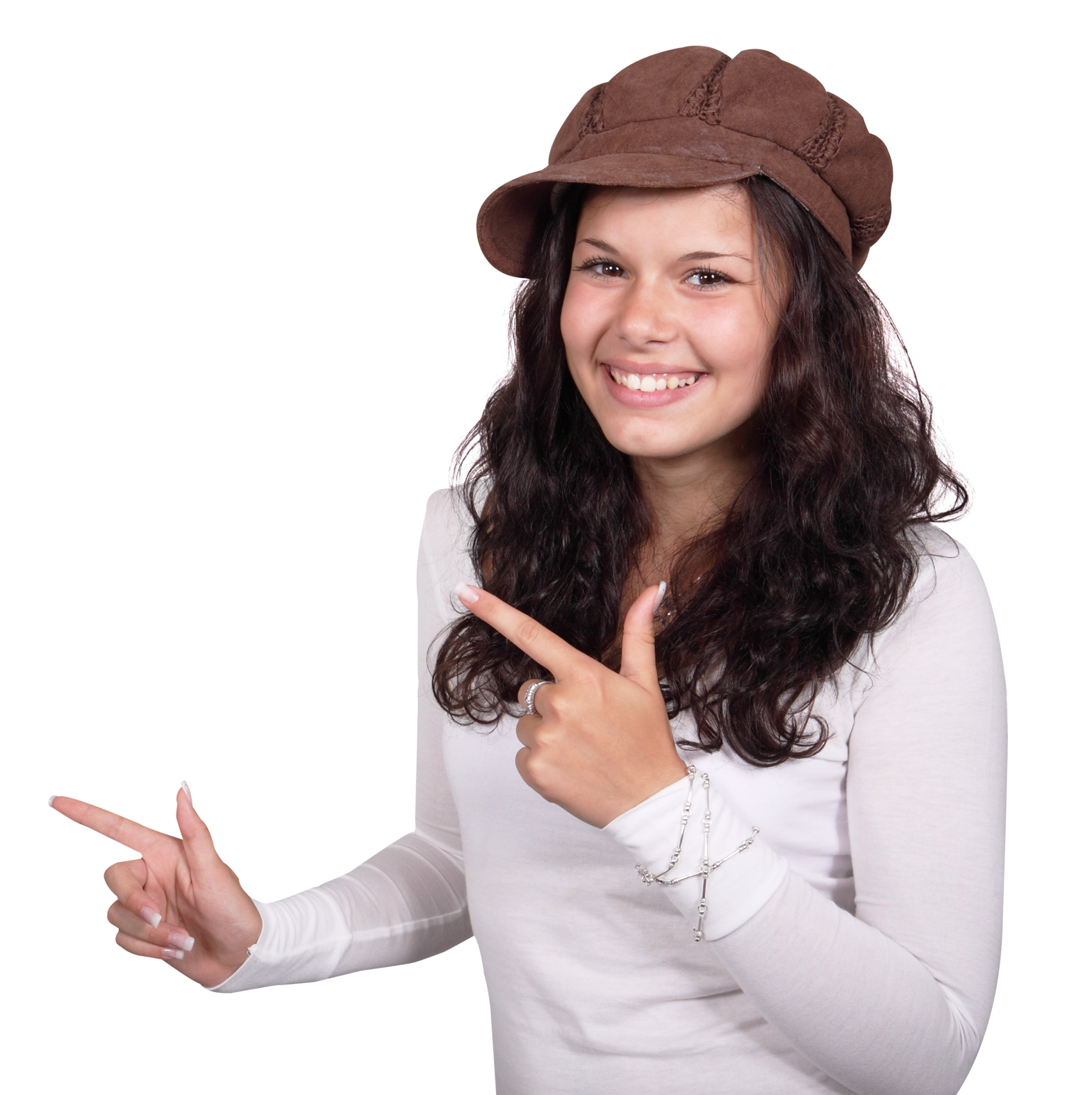 Smiling Womanin Hat Pointing PNG image