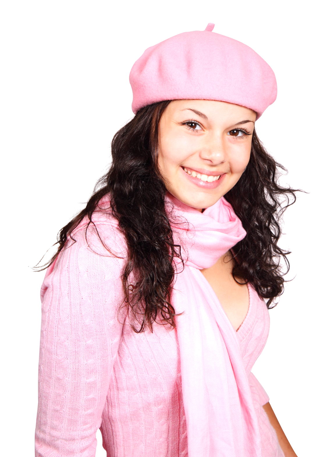 Smiling Womanin Pink Beretand Scarf PNG image