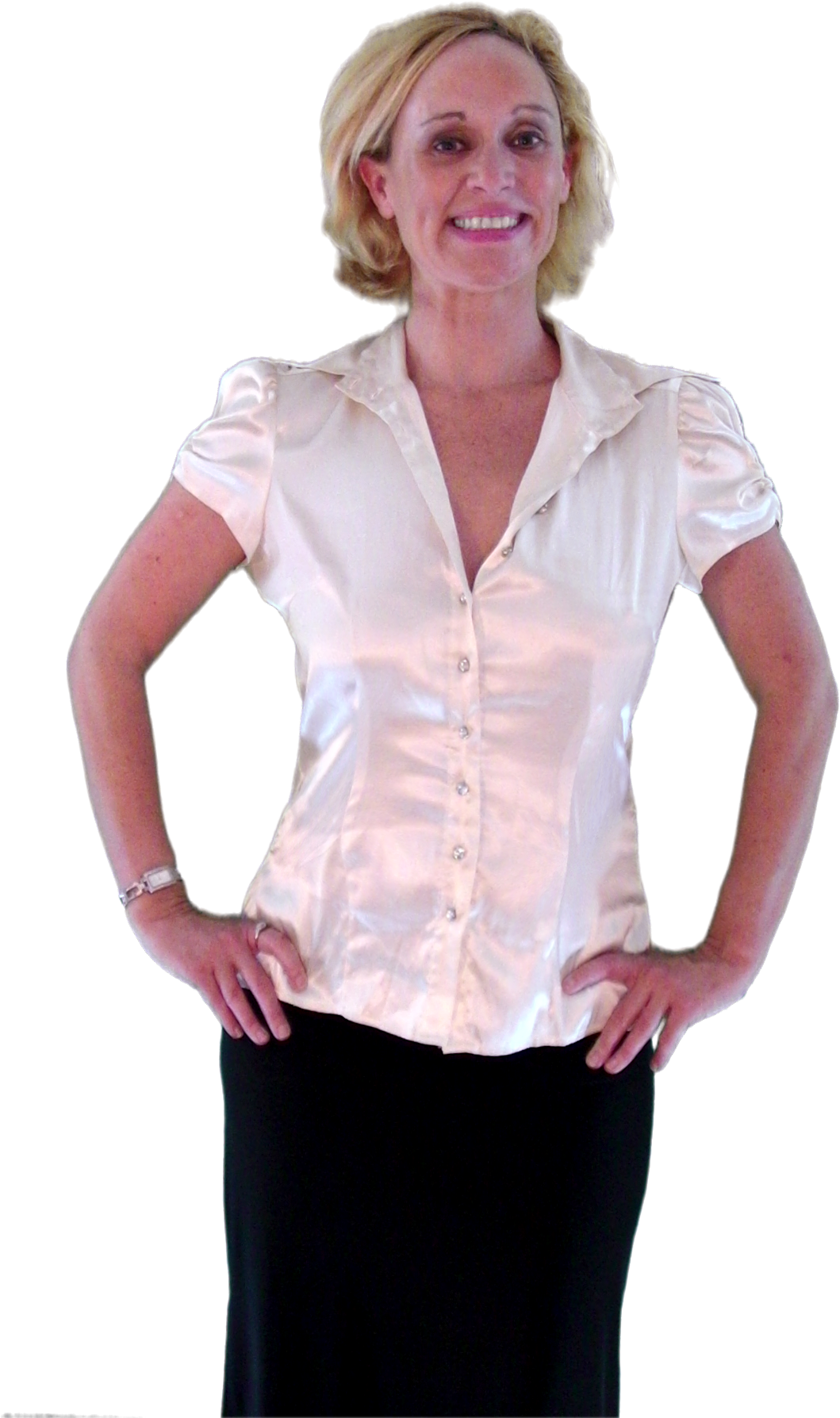 Smiling Womanin Satin Blouse PNG image