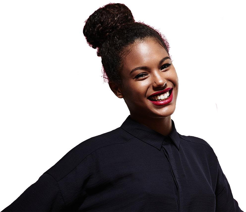 Smiling Womanwith Top Bun Hairstyle PNG image