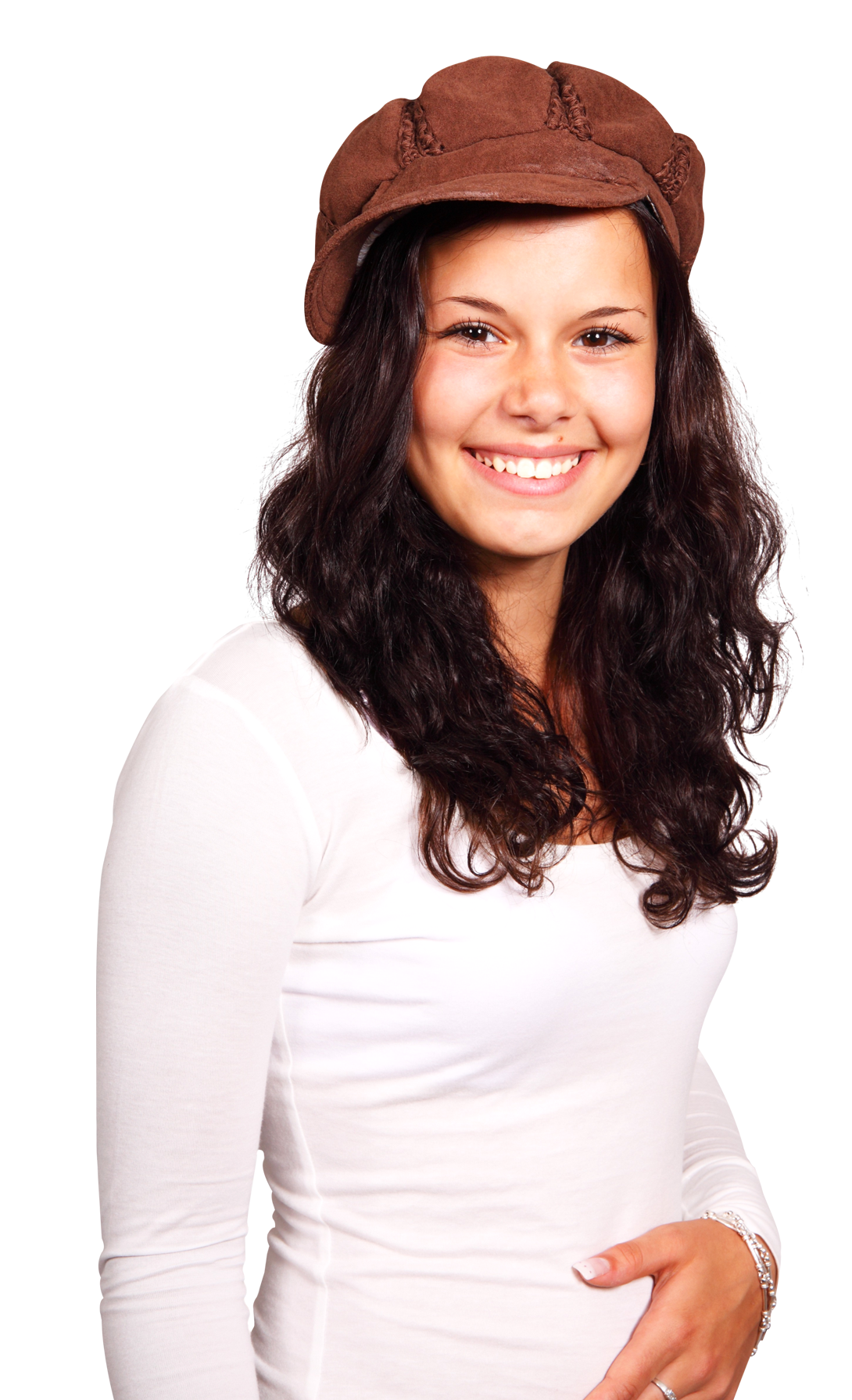 Smiling Young Womanin Brown Cap PNG image