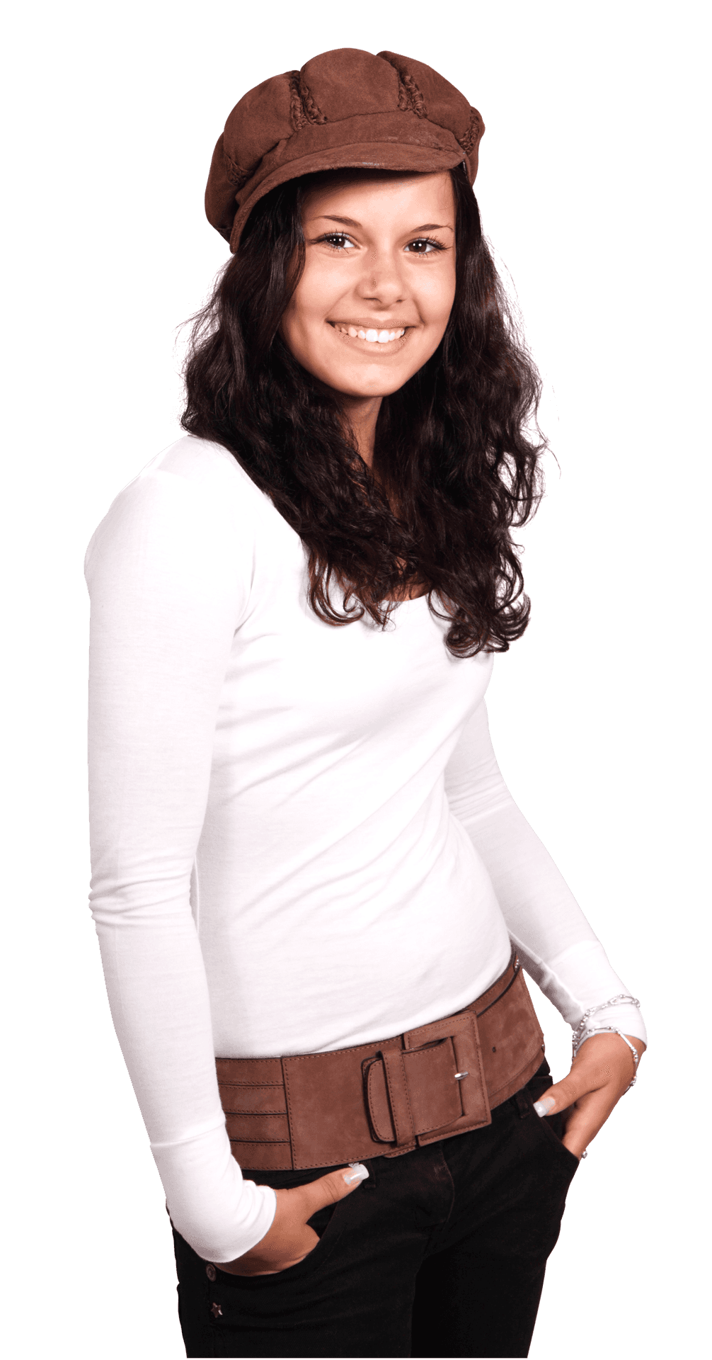 Smiling Young Womanin Capand White Top PNG image