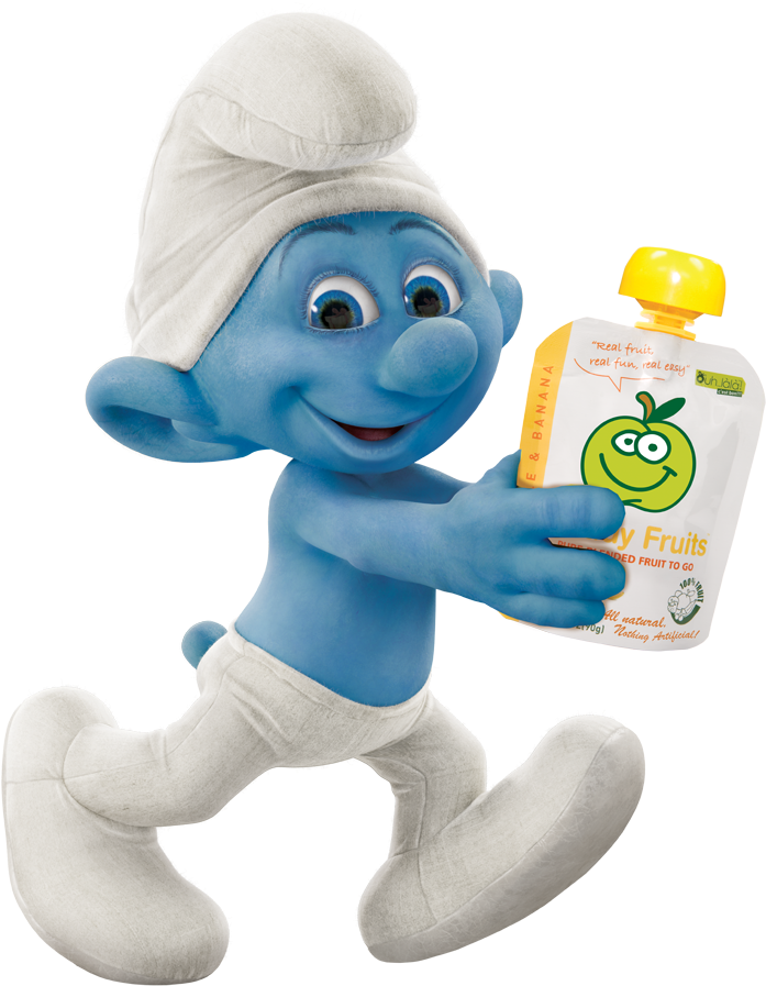 Smurf Holding Fruit Pouch PNG image