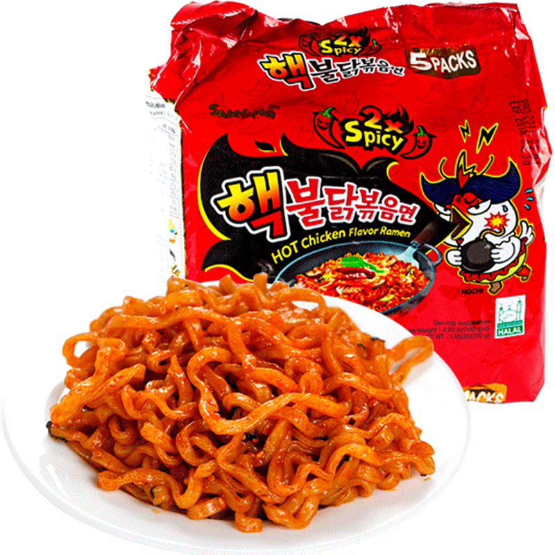 Spicy Chicken Flavor Ramen Packand Prepared Noodles PNG image