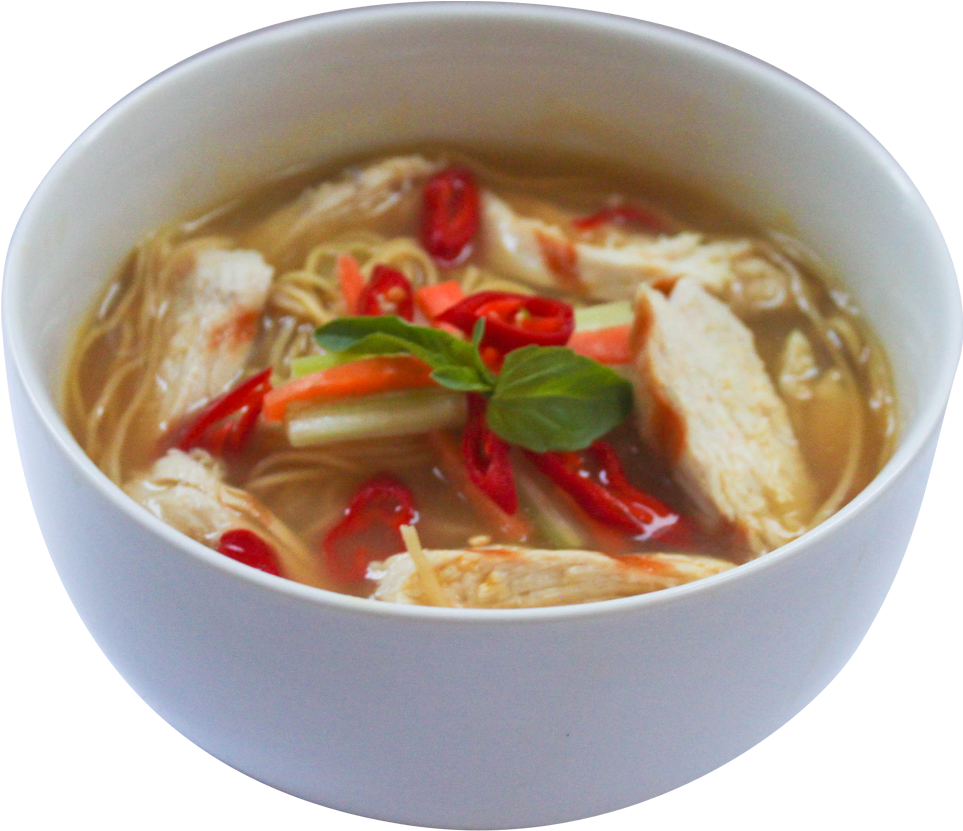 Spicy Chicken Noodle Soup Bowl PNG image