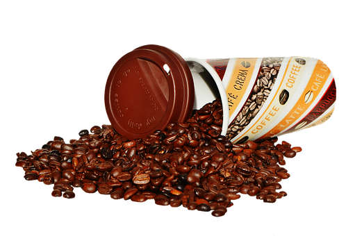 Spilled Coffee Beansand Cup PNG image