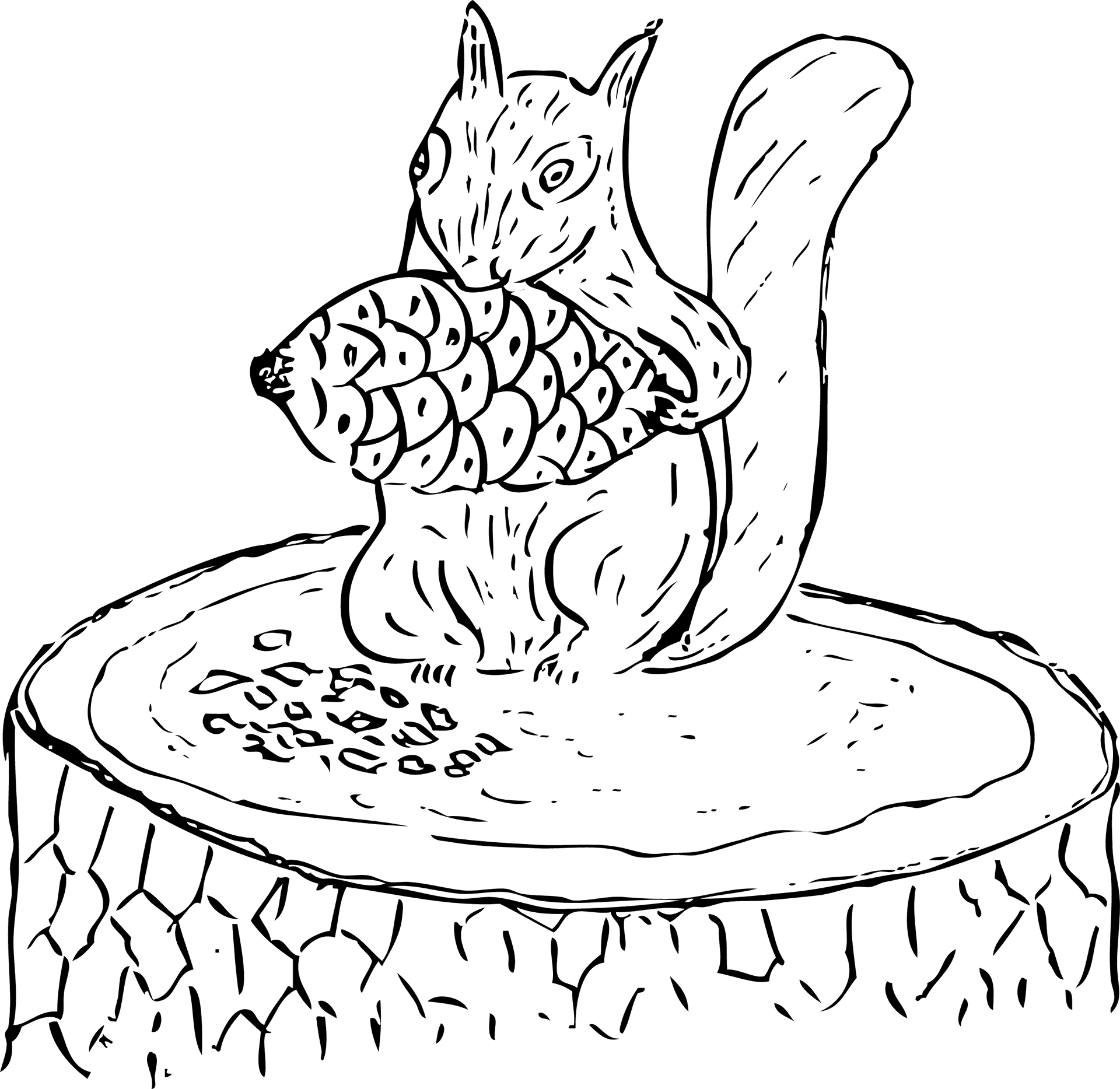 Squirrel Holding Pineconeon Stump PNG image