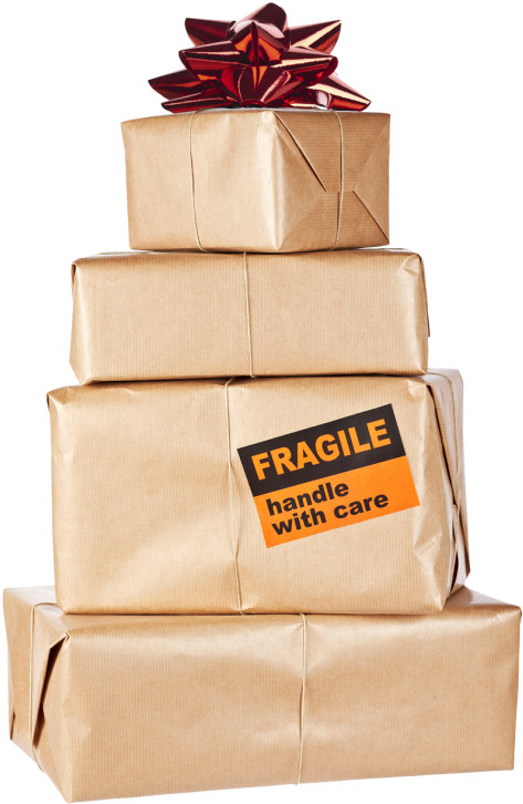 Stacked Brown Packages With Fragile Label PNG image