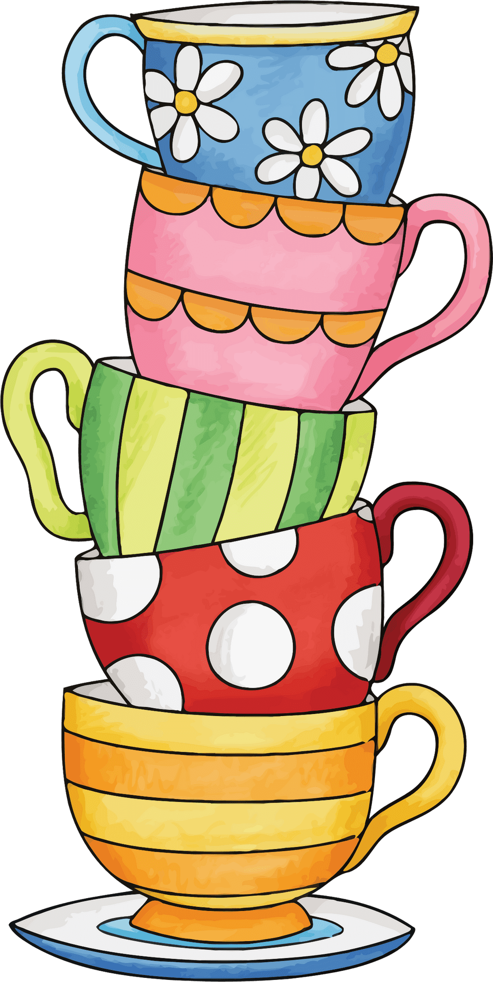 Stacked Teacups Colorful Illustration PNG image