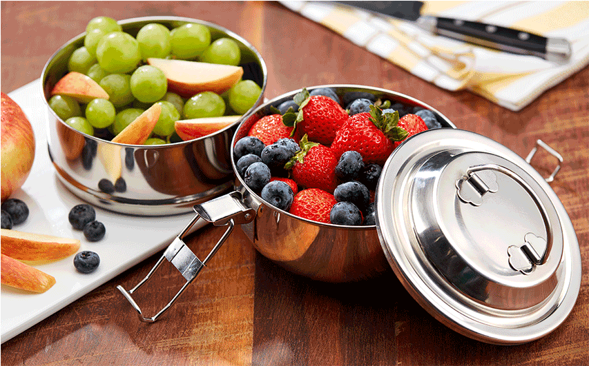Stainless Steel Tiffin Boxwith Fruits PNG image