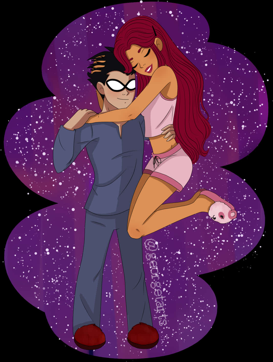 Starfireand Robin Cosmic Embrace PNG image