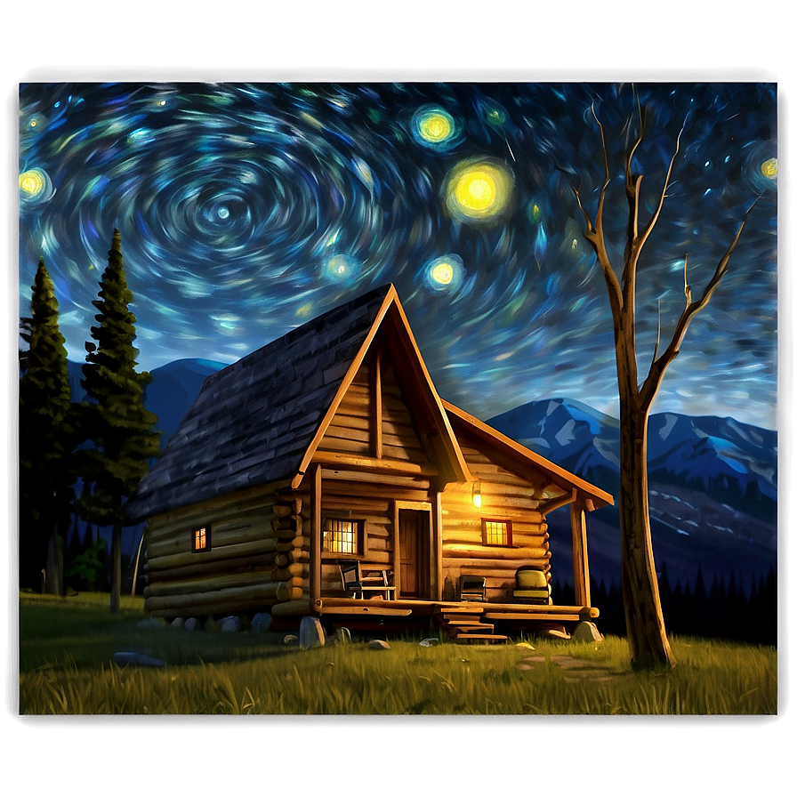 Starry Night Cabin Landscape Png Jhm PNG image