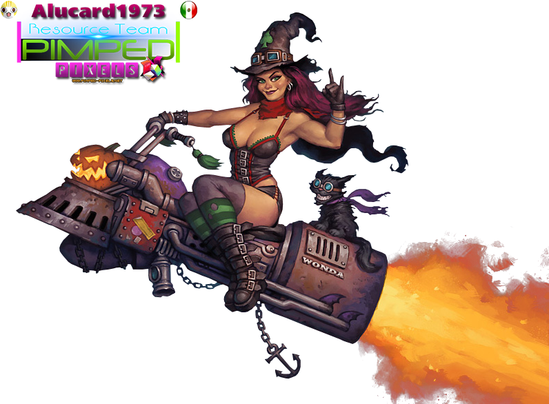 Steampunk Witch Riding Motorcycle Pinup PNG image