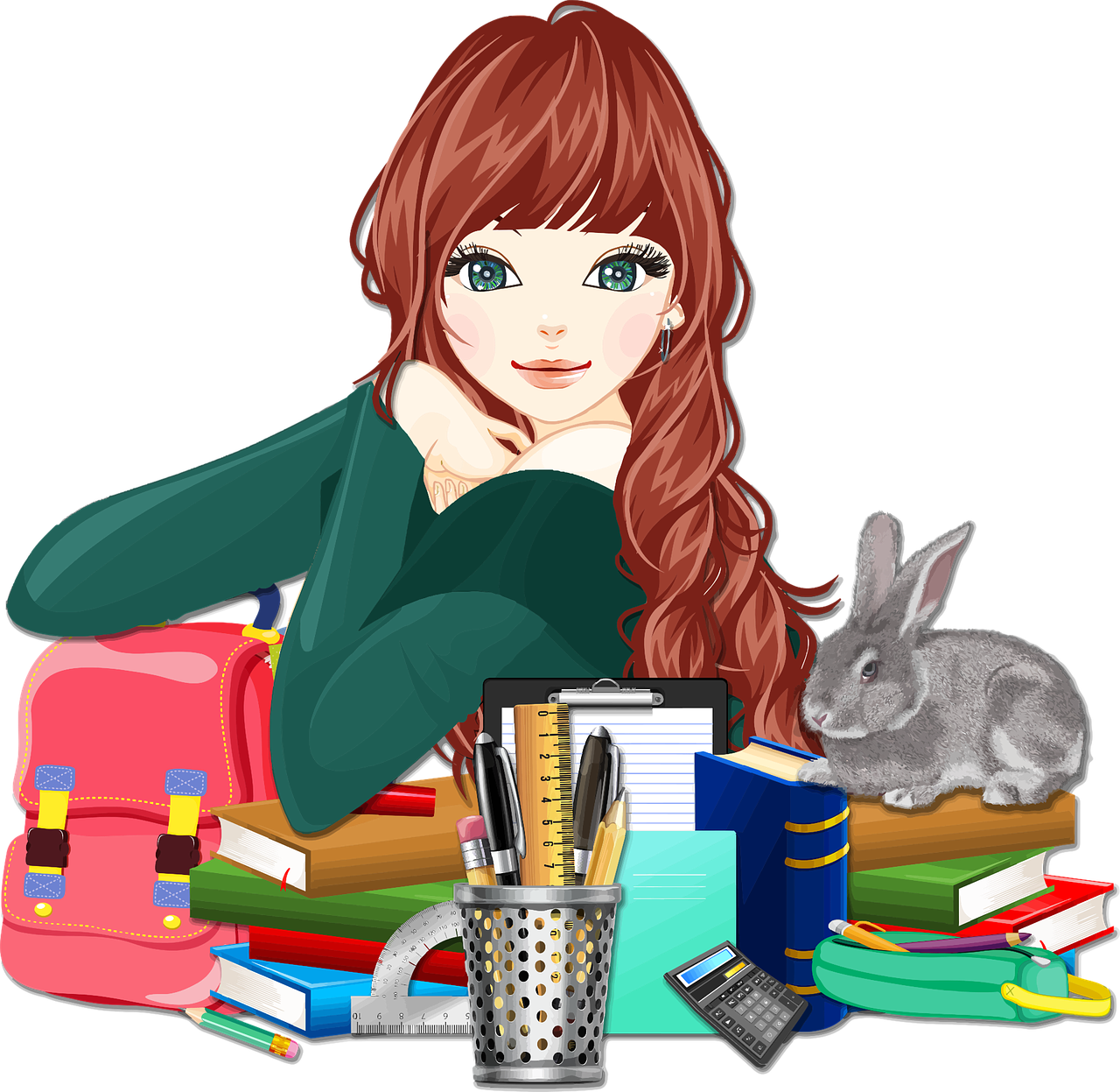 Student With Books And Pet Rabbit PNG image