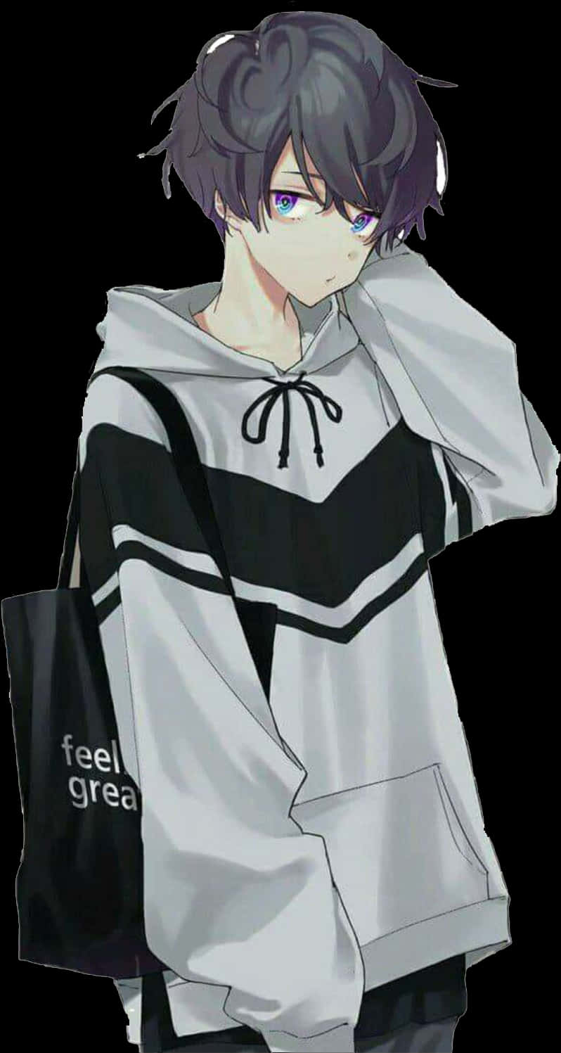 Stylish Anime Boywith Hoodieand Tote Bag PNG image