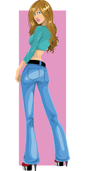 Stylish Cartoon Girlin Flared Jeans PNG image