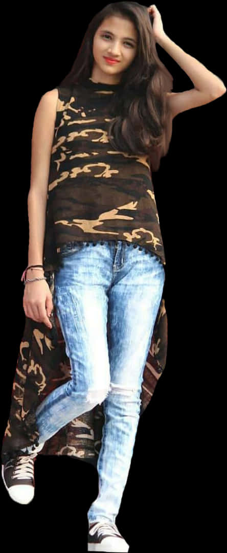 Stylish Indian Girlin Camouflage Top PNG image