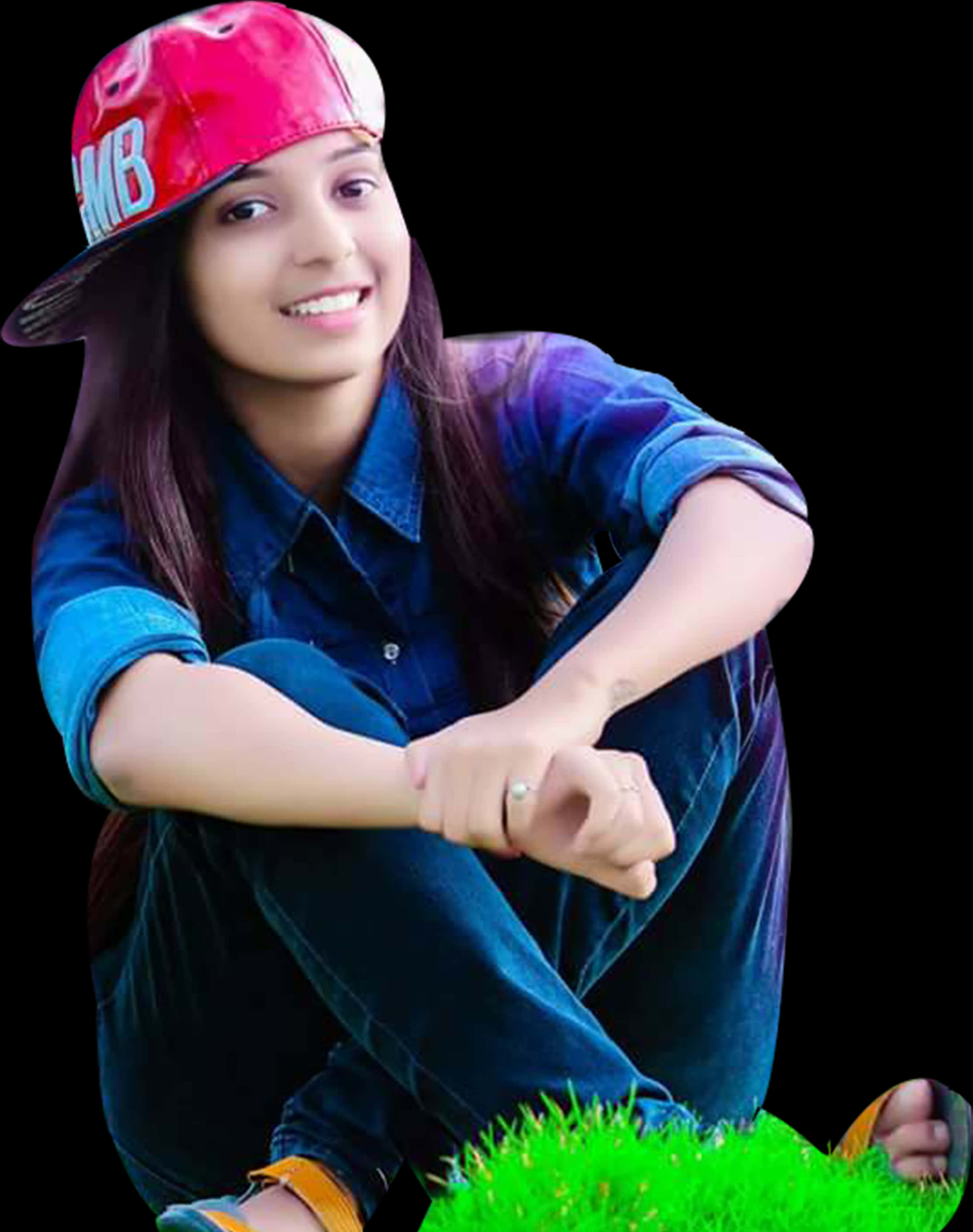 Stylish Indian Girlin Capand Denim PNG image