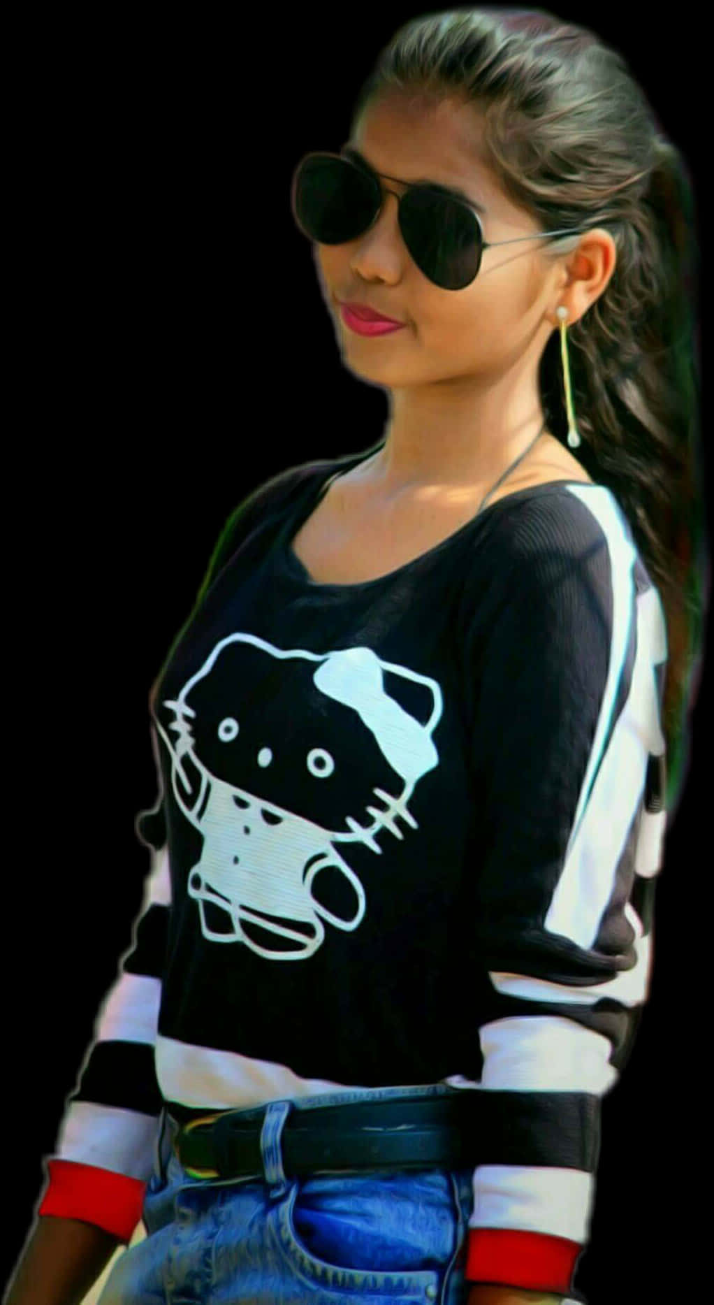 Stylish Indian Girlin Sunglassesand Hello Kitty Shirt PNG image