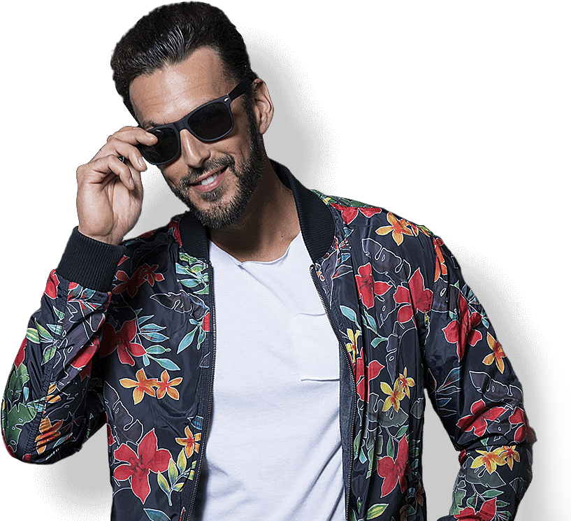 Stylish Man Floral Jacket Sunglasses PNG image