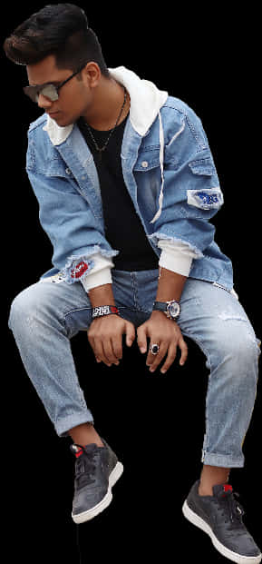 Stylish Man Sittingin Denim Outfit PNG image