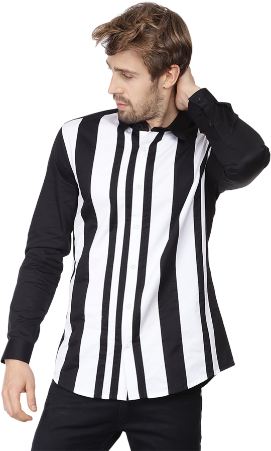 Stylish Manin Blackand White Striped Shirt PNG image