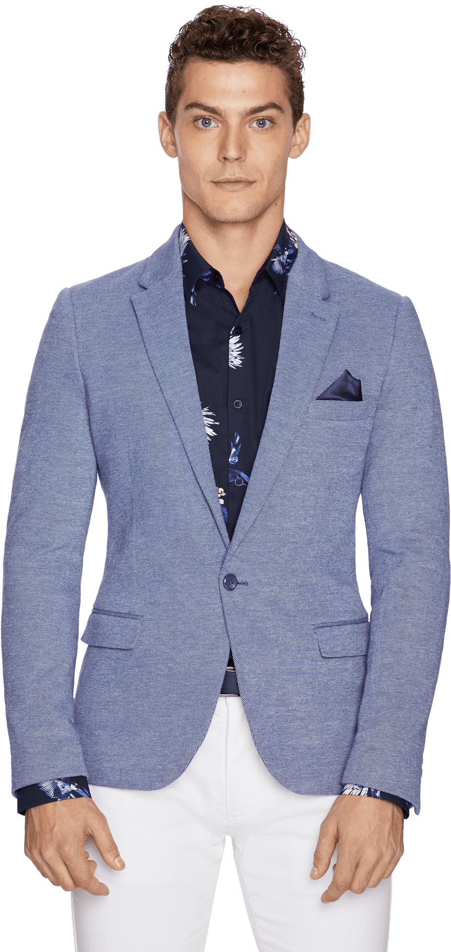 Stylish Manin Blue Blazerand Printed Shirt PNG image