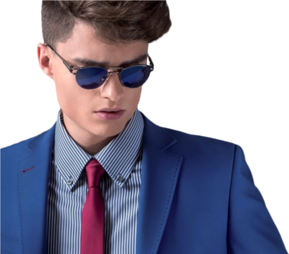 Stylish Manin Blue Suitand Sunglasses PNG image