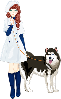 Stylish Woman Walking Siberian Husky PNG image