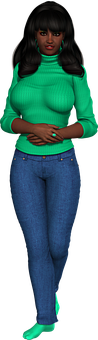 Stylish Womanin Green Sweaterand Jeans PNG image