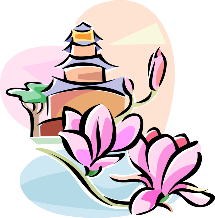Stylized Pagodaand Magnolia Flowers PNG image