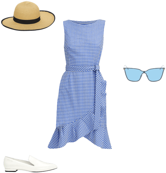 Summer Outfit Straw Hat Blue Gingham Dress White Shoes Sunglasses PNG image