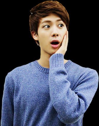 Surprised Expression Manin Blue Sweater PNG image