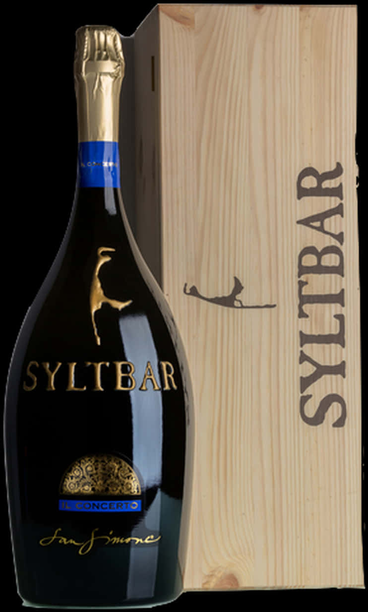 Syltbar Sparkling Wine Bottleand Wooden Box PNG image