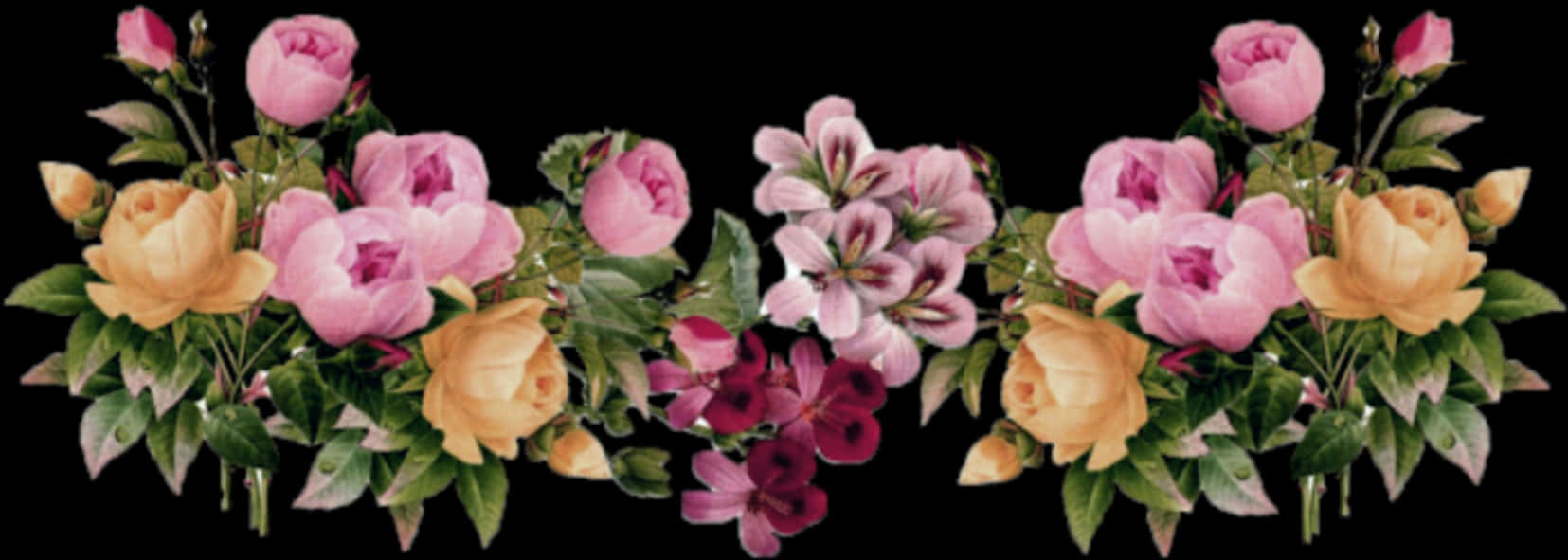 Symmetrical Floral Arrangementon Black Background PNG image