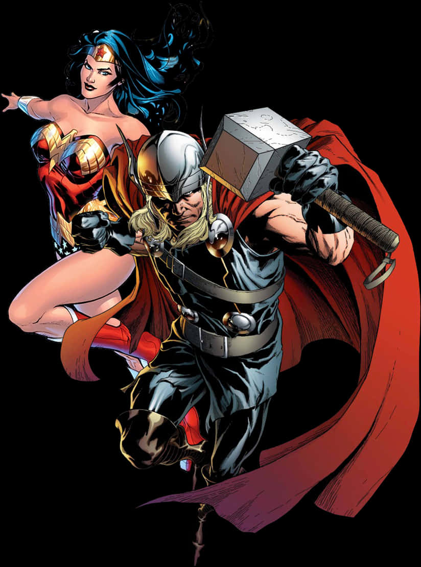 Thor_and_ Wonder_ Woman_ Crossover_ Art PNG image
