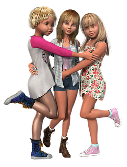 Three Animated Girls Friends Pose PNG image