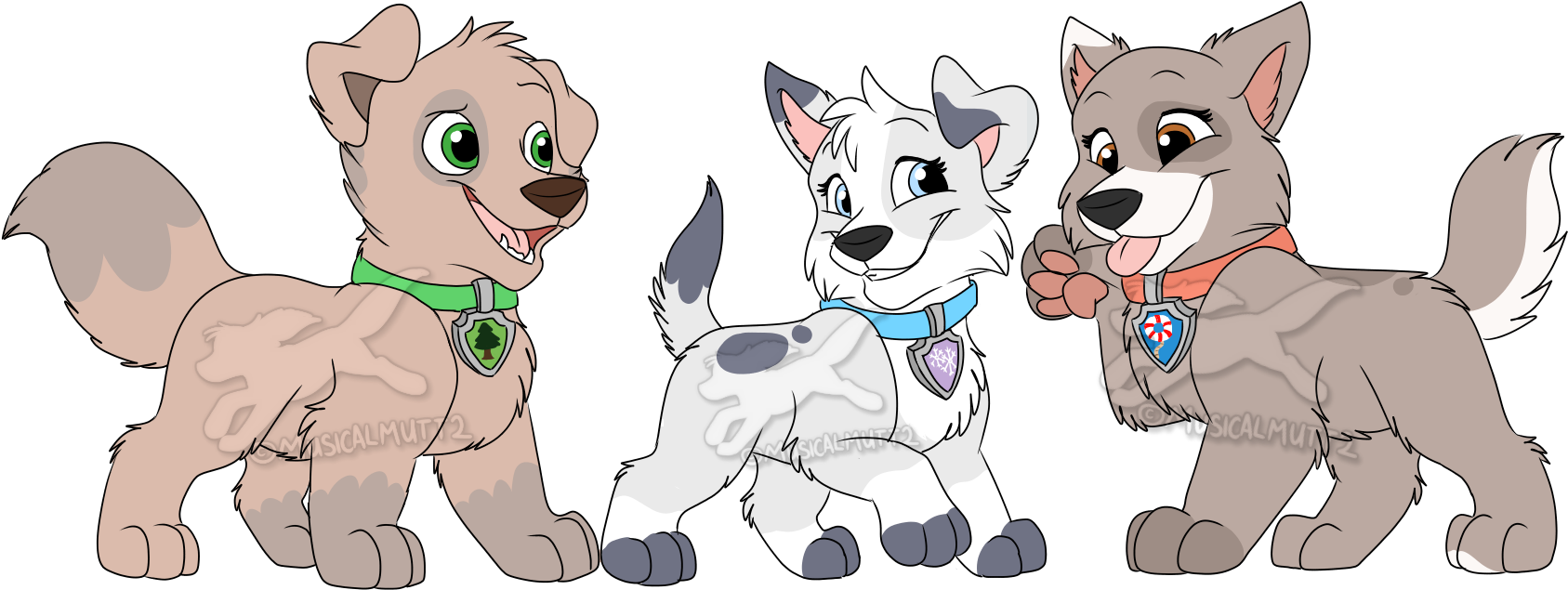 Three Cartoon Pups Friendly Pose PNG image