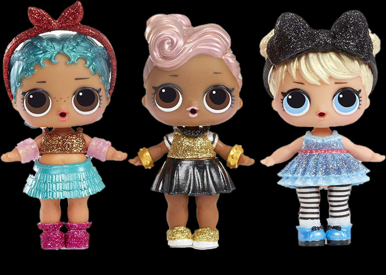 Three L O L Surprise Dollsin Sparkly Outfits PNG image