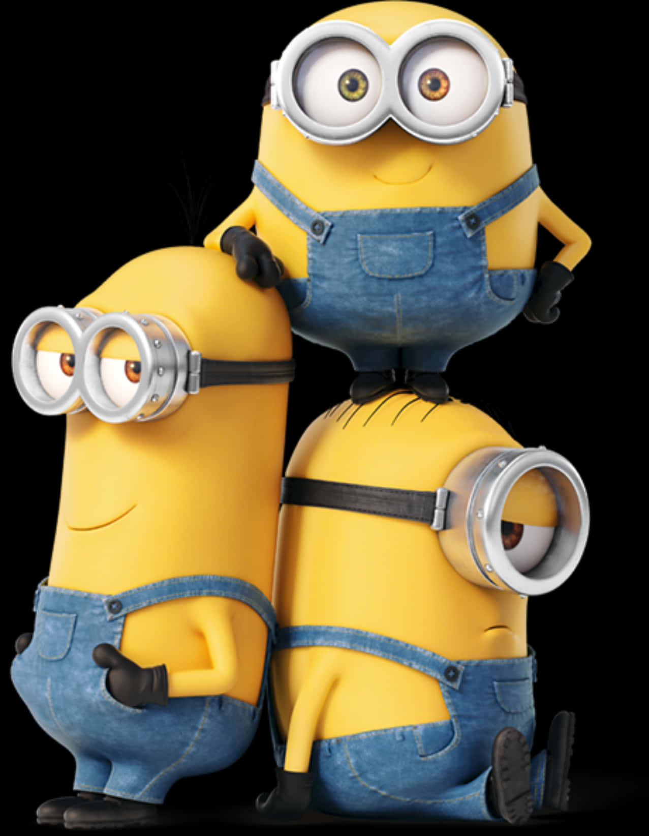 Three Minions Posing Black Background PNG image