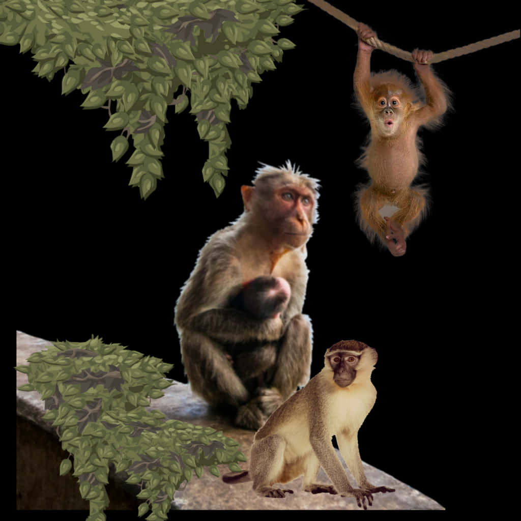 Three Monkeys Various Poses PNG image